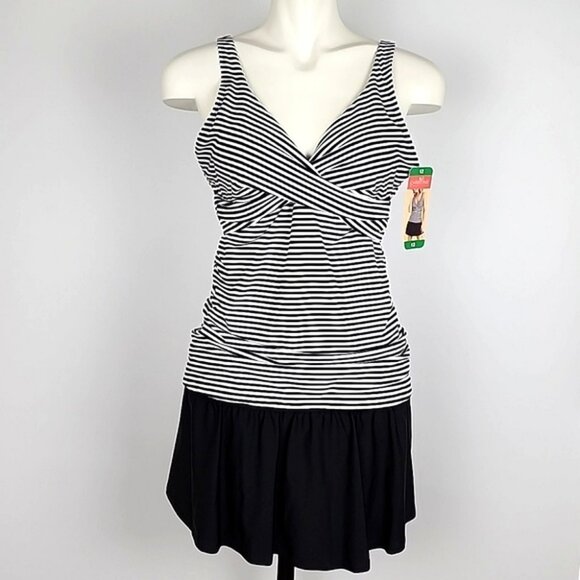 Christina Women's 2 Piece Tankini Top Swim Skirt Black White Stripes Size 12 - Picture 1 of 16